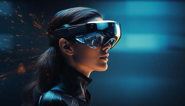 Concepto de realidad virtual futurista tecnologías vr y ar una mujer con gafas con ilustración 3d