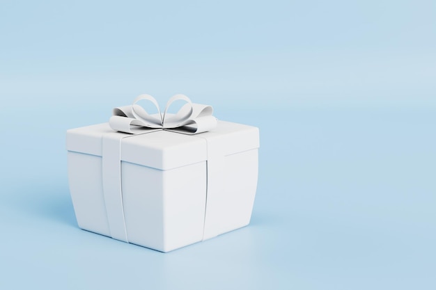 El concepto de recibir regalos caja de regalo blanca con un hermoso lazo sobre un fondo azul copiar pegar renderizado 3D