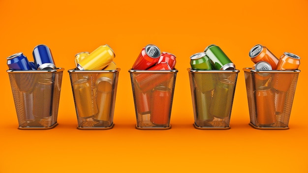 Concepto de reciclaje de latas de bebida en la papelera. representación 3d
