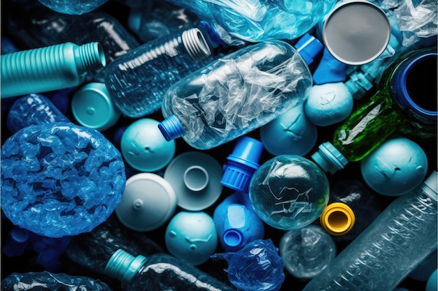 Foto concepto de reciclaje de plástico con fondo de botella azul