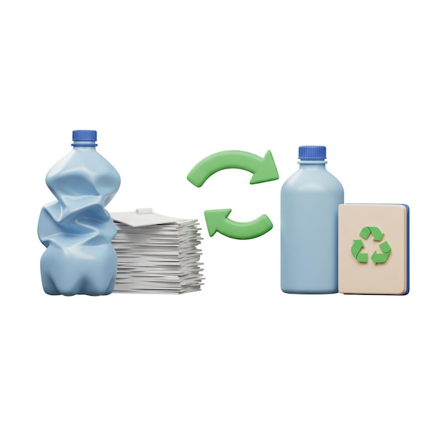 Concepto de reciclaje que muestra botella triturada y producto reciclado