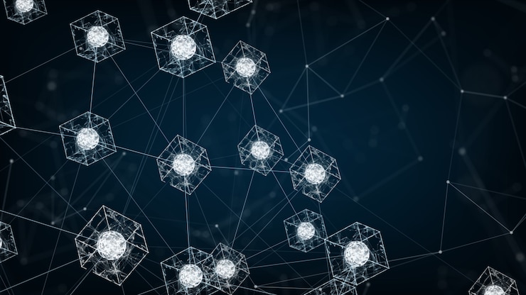 Foto concepto de red blockchain. bloques de conexión de datos grandes de código cuadrado isométrico digital.