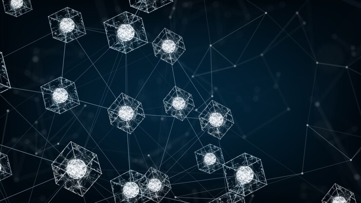 Foto concepto de red de blockchain. conexión de datos grandes del código cuadrado isométrico de los bloques cuadrados