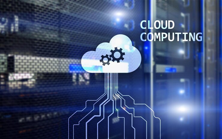 Foto concepto de red y computación en la nube en el fondo de la sala de servidores