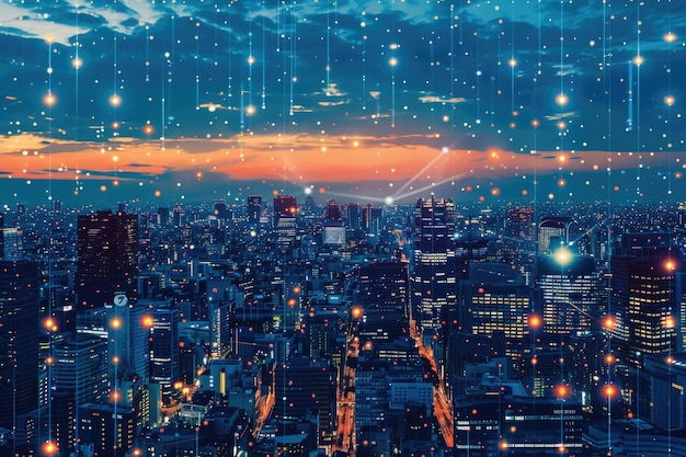 Concepto de red de comunicación urbana moderna con IoT y ciudad inteligente