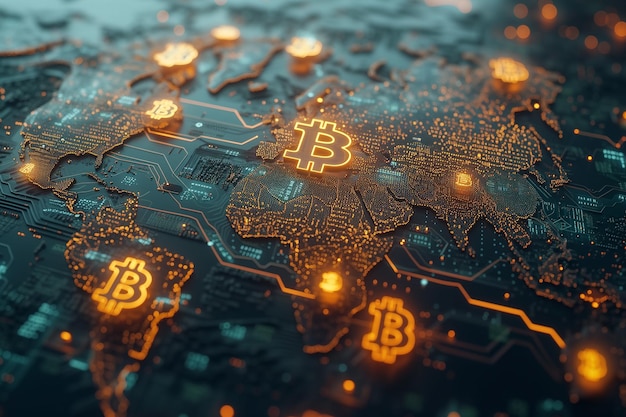 Concepto de red global de Bitcoin en la placa de circuitos