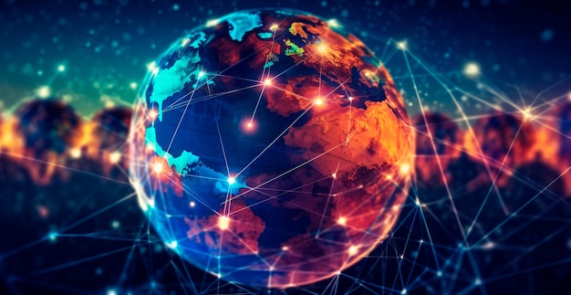 Concepto de red global Punto digital del mapa del mundo Red global del planeta Tierra Renderización 3D de imagen generada por IA