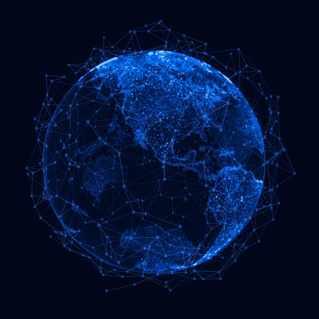 Concepto de red global Punto del mapa mundial Red global Planeta Tierra Representación 3D