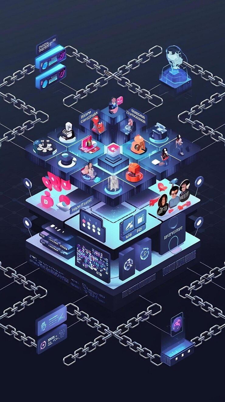 Foto concepto de red social con arquitectura blockchain visualización de un metaverso de grandes datos con vira