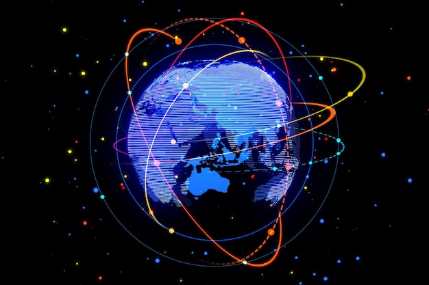 Concepto de red social global de Internet y tecnologías con un mapa del mundo azul digital rodeado de líneas y puntos rojos y amarillos en la representación 3D de fondo oscuro abstracto