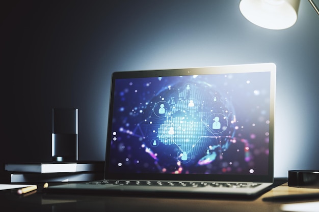 Concepto de red social con mapa mundial en la pantalla de un portátil moderno 3D Rendering