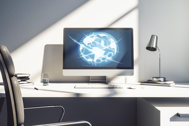 Concepto de red social con mapa mundial en la pantalla de un portátil moderno 3D Rendering