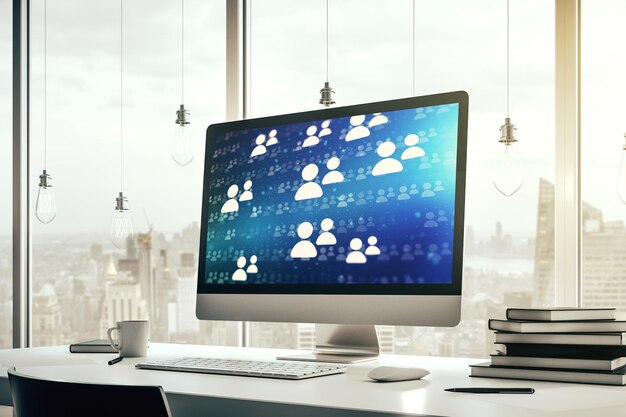 Concepto de red social en la representación 3D de la pantalla del portátil moderno