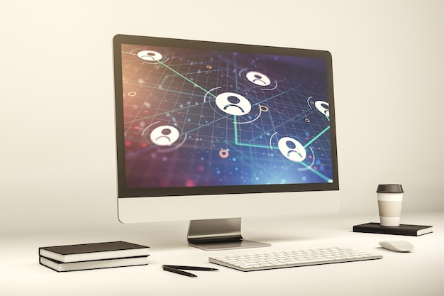 Concepto de red social en la representación 3D de la pantalla del portátil moderno