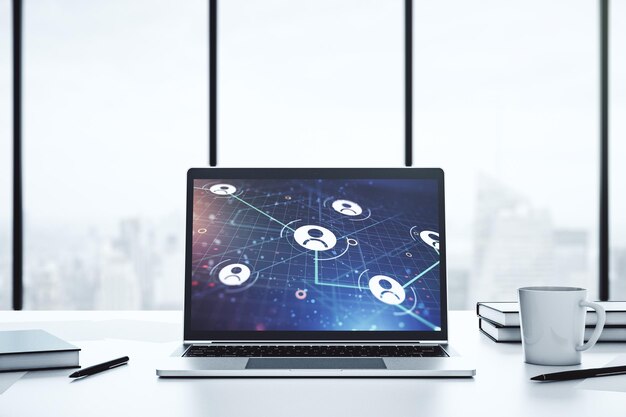 Concepto de red social en la representación 3D de la pantalla del portátil moderno
