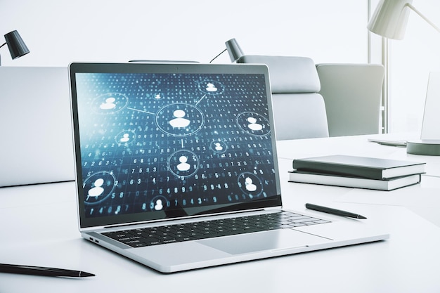 Concepto de red social en la representación 3D de la pantalla del portátil moderno