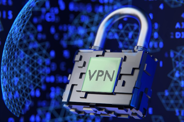 El concepto de una red vpn segura Herramienta de omisión de bloqueo Red privada virtual 3d render