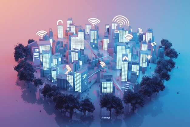 Concepto de red WIFI de la ciudad Símbolos WIFI integrados con elementos urbanos