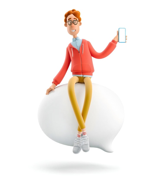 El concepto de las redes sociales Nerd Larry se sienta en una burbuja habla ilustración 3D