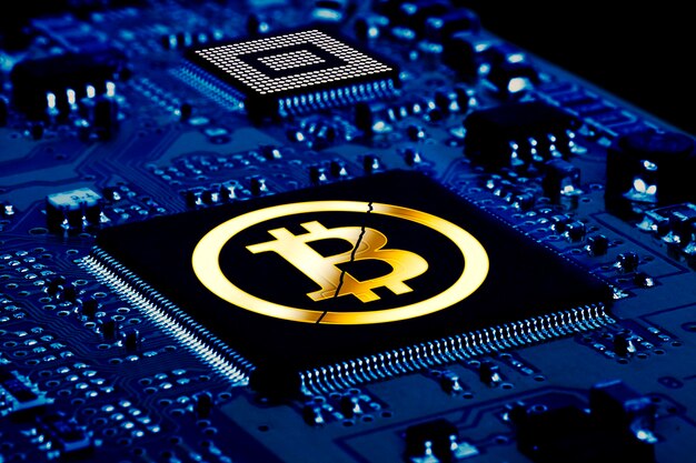 Concepto de reducción a la mitad de Bitcoin Bitcoin como chip de computadora