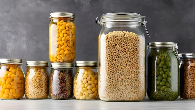 Foto concepto de reducción de los residuos de envases en frascos de cocina llenos de alimentos y productos a granel