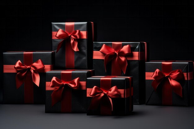 El concepto de regalos del día de San Valentín cajas negras con cintas rojas generativa ai