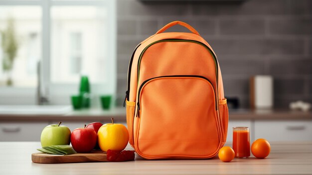 Foto concepto de regreso a la escuela almuerzo escolar empacado en la cocina con una bolsa de almuerzo naranja