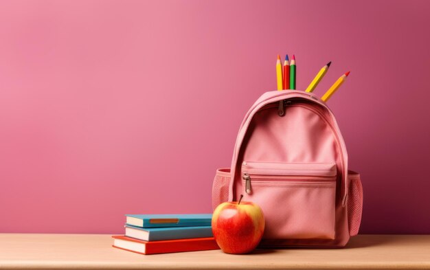 Concepto de regreso a la escuela Bolso escolar y globo en la mesa IA generativa