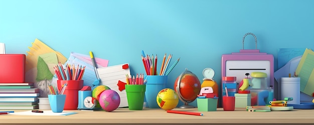 Concepto de regreso a la escuela Diferentes artículos de oficina coloridos papelería alumno o equipo estudiantil en el escritorio de casa Espacio vacío de copia en blanco para texto Fondo de pared azul Foto de alta calidad