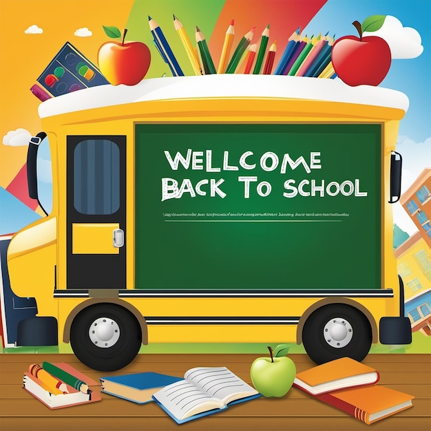 Foto concepto de regreso a la escuela con estudiante y autobús ai generado