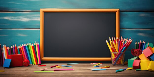 Foto concepto de regreso a la escuela con una foto en marco en blanco en una mesa de madera y letras de colores