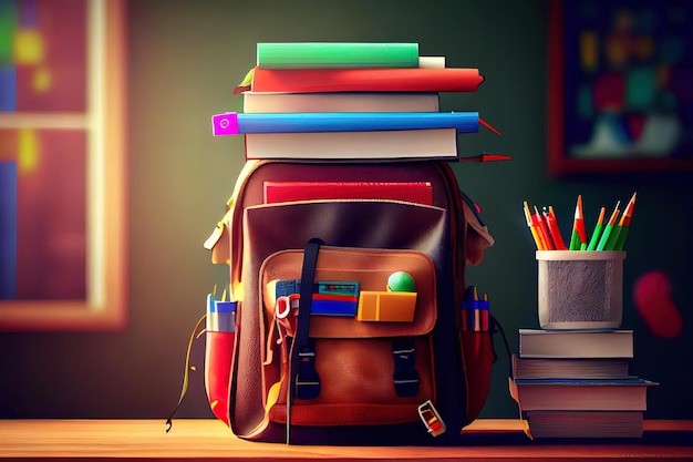 Concepto de regreso a la escuela con libros escolares, libros de texto, mochila y artículos de papelería en el aula