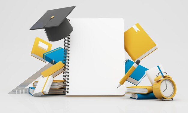 Concepto de regreso a la escuela y logros de grado de la educación Fondo mínimo para el concepto de educación en línea Libro con sombrero de graduación en fondo pastel de color Ilustración de renderización 3D