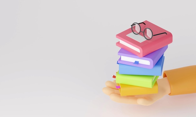 Concepto de regreso a la escuela mano que sostiene el libro de pila 3d render