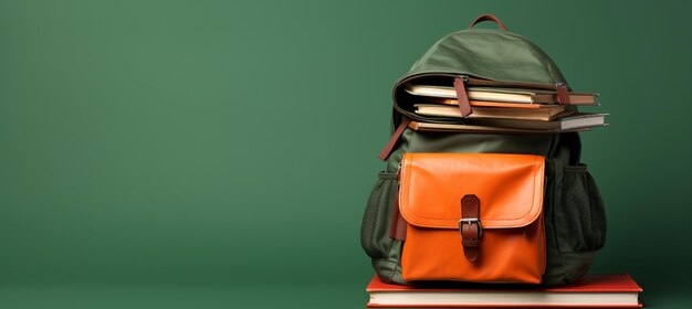 Concepto de regreso a la escuela con mochila completa y libros sobre fondo verde con espacio para copiar