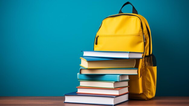 Concepto de regreso a la escuela mochila escolar completa con libros en fondo azul con espacio para copiar