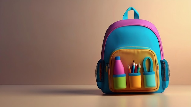 Concepto de regreso a la escuela mochila con suministros escolares renderización 3D