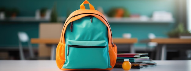 Foto concepto de regreso a la escuela mochila con útiles escolares en el fondo del aula creado con tecnología de ia generativa
