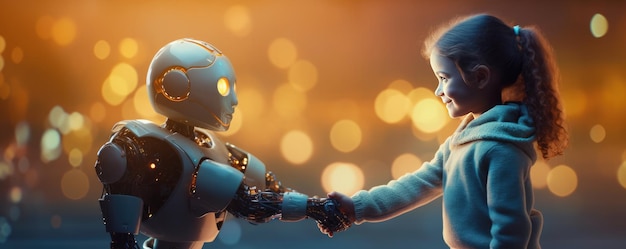Foto concepto de regreso a la escuela, niño humano usa robot para simplificar la vida con ai generative ai