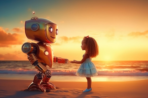 Concepto de regreso a la escuela, niño humano usa robot para simplificar la vida con ai Generative Ai