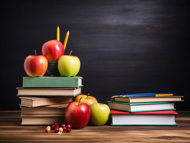 Concepto de regreso a la escuela Una pila de libros manzanas y lápices en una mesa de madera