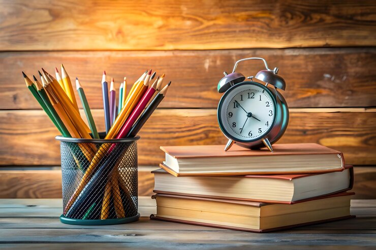 Concepto de regreso a la escuela Reloj de alarma y libros en la mesa