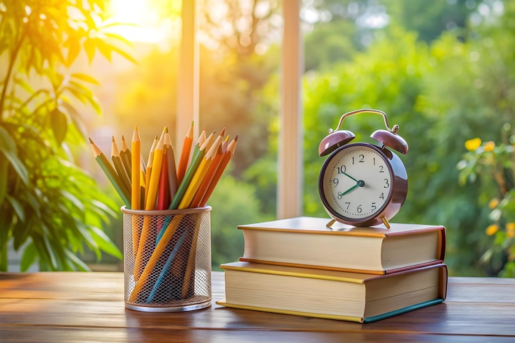 Concepto de regreso a la escuela Reloj de alarma y libros en la mesa