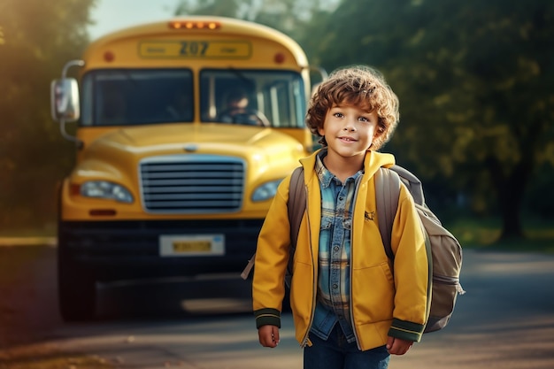 Concepto de regreso a la escuela Retrato de un niño que va a la escuela en autobús escolar