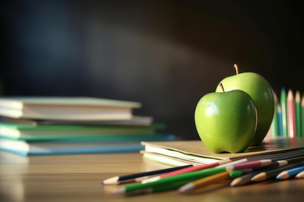 Concepto de regreso a la escuela útiles escolares en la mesa ai generado