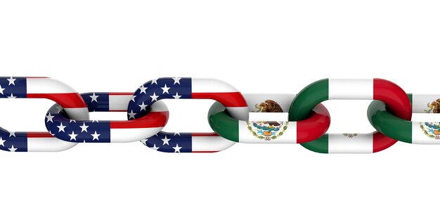 Foto concepto de relación entre estados unidos y méxico banderas nacionales en cadena vinculada representación 3d