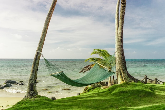 Concepto relajante, hermosa playa tropical con hamaca en palmeras