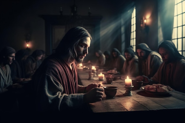 Foto un concepto religioso bíblico de la vida de jesucristo dios última cena 12 apóstoles fe biblia cena secreta jesucristo rezando a dios padre