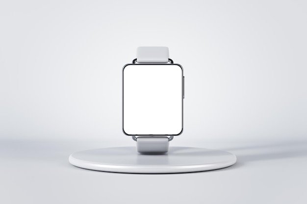 Concepto de reloj inteligente con relojes electrónicos con pantalla blanca con espacio de copia en soporte redondo claro sobre fondo abstracto maqueta de representación 3D