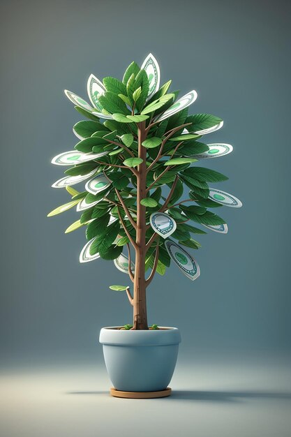Concepto de render 3d de árbol de dinero con planta en maceta